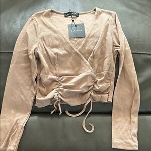 Parisian Works Women's Beige Ruched Wrap Blouse